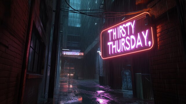 Neon pink sign reads "Thirsty Thursday" in rainy alleyway at night
