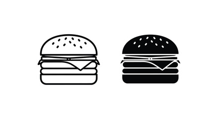Fototapeta premium Hamburger Silhouette With Sesame Seed Bun Black And White Outline