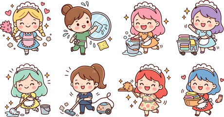 Fototapeta premium Cute Kawaii Maid Character Set with Smiling Girls Dusting, Mopping, Vacuuming, and Doing Laundry Chores for Cleaning Service Stickers and Print Designs