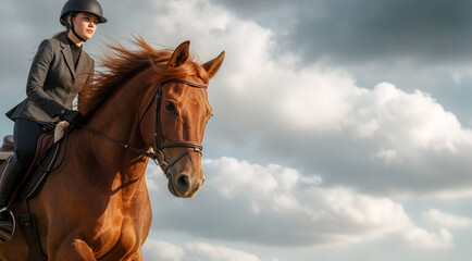 Obraz premium Elegant equestrian woman riding a beautiful chestnut horse against a dramatic cloudy sky, capturing a serene and powerful outdoor moment