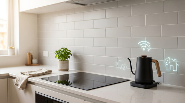 Black smart kettle in modern kitchen with icons