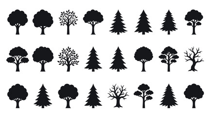 Set of tree silhouettes, collection of various deciduous and coniferous trees, vector icons © MstSuma