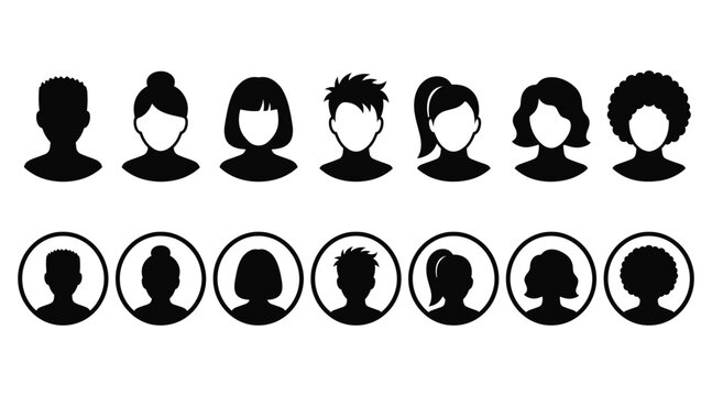 Set of user profile icons, avatar silhouettes with different hairstyles, black and white vector illustration