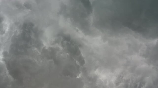 4k, panoramic view of a cloudscape of a sky with a gloomy dark storm clouds