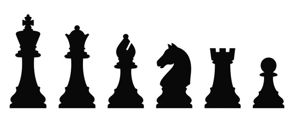 Set of black chess pieces king, queen, bishop, knight, rook and pawn silhouettes © MstSuma