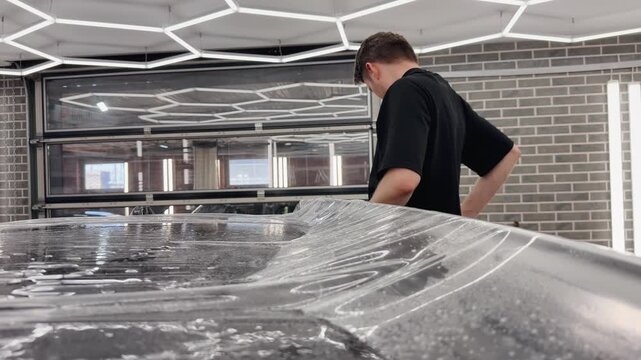 Professional car wrap installer applying a glossy transparent polyurethane paint protection film PPF on a vehicle body panel inside a premium auto detailing studio workshop.

