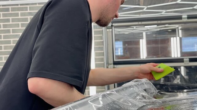 Professional car wrap installer applying a glossy transparent polyurethane paint protection film PPF on a vehicle body panel inside a premium auto detailing studio workshop.
