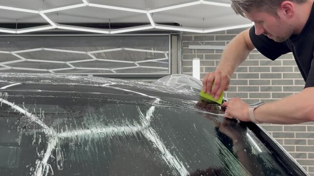 Professional car wrap installer applying a glossy transparent polyurethane paint protection film PPF on a vehicle body panel inside a premium auto detailing studio workshop.
