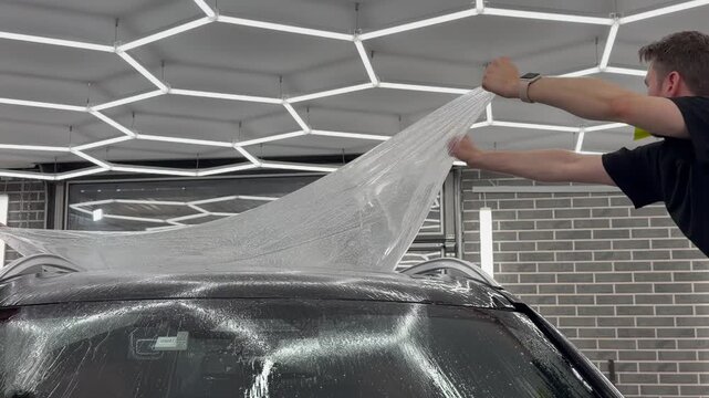 Professional car wrap installer applying a glossy transparent polyurethane paint protection film PPF on a vehicle body panel inside a premium auto detailing studio workshop.
