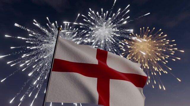 England Flag Waving During Festive Night Fireworks Celebration New Year