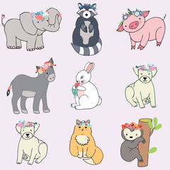 Fototapeta premium Floral crown animals illustration featuring elephant raccoon pig donkey rabbit dog sloth and meerkat