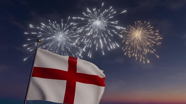 New Year Fireworks Behind England Flag Waving at Night