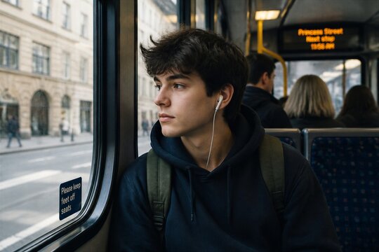 A young man travels on a bus and gazes outside the window. He is wearing earphones and a dark hoodie. Other passengers are visible in the background. The setting is a city street.