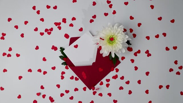 White card in a red envelope on a white background with a white flower.  Tiny red heart confetti falling all around. Valentine's Day, love, wedding concept.