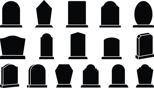 black silhouettes of various tombstones for halloween or memorial themes