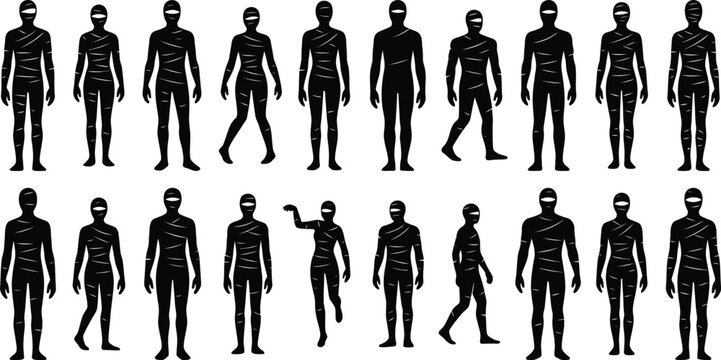 black mummy silhouettes in various poses for halloween