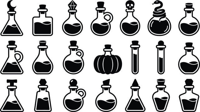 Black and white Halloween potion bottles and flasks for spooky designs