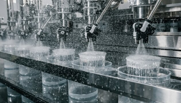 Medium shot of robotic arms performing spray rinse on semiconductor wafers in a cleanroom wet bench emphasizing automated precision in chemical cleaning stages.
