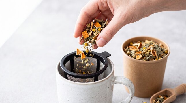 A hand pouring loose leaf tea into a tea infuser over a cup