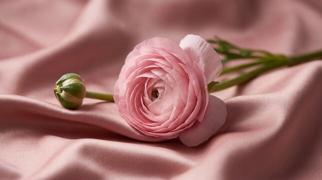 A delicate pink ranunculus flower resting on a soft pink satin fabric