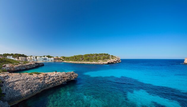 Panorama Of The Coast In Cala Bona Mallorca On A Wonderful Sunny Spring Day With A Clear Blue Sky
