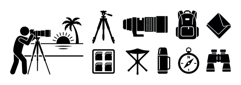 Collection of photography and outdoor adventure icons depicting essential gear for travel, nature exploration, and capturing memorable moments.