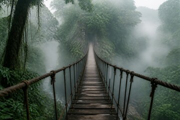 Fototapeta premium Rope suspension bridge disappearing into foggy jungle ravine