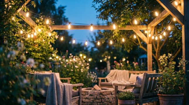 Cozy outdoor patio with warm string lights and fire pit in garden at dusk