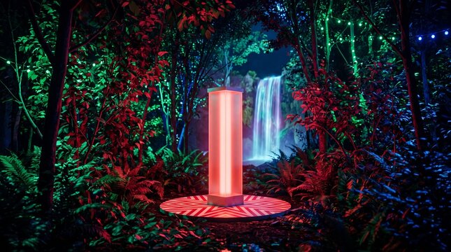 A glowing red pedestal stands in a vibrant jungle at night with a waterfall in the background.