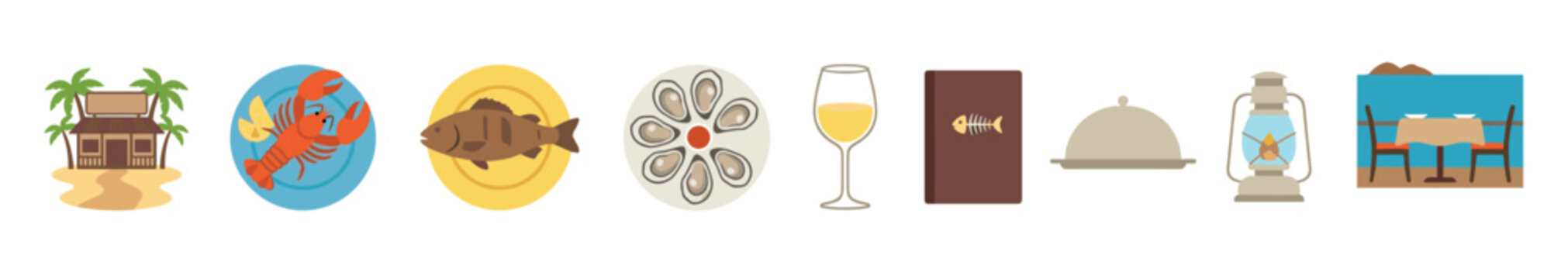 Seafood restaurant icons collection featuring various tropical dining elements and dishes like lobster, fish, oysters, and a beach shack, perfect for culinary and travel themes.