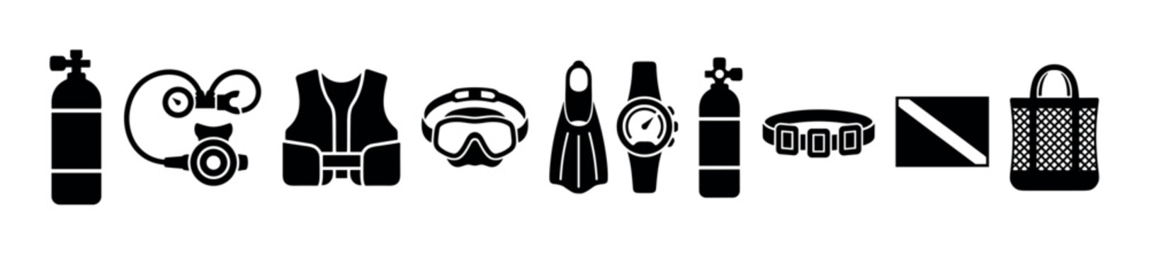 Scuba diving equipment collection of essential gear items displayed as black silhouette icons, representing various tools for underwater exploration and safety.