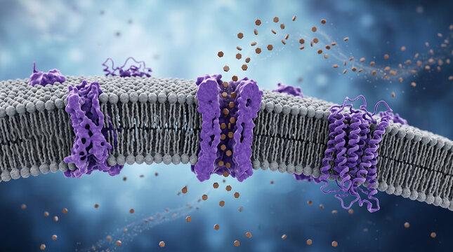 Intricate biological illustration showing a purple transmembrane protein channel facilitating the movement of small brown molecules across a complex lipid bilayer membrane in a scientific setting