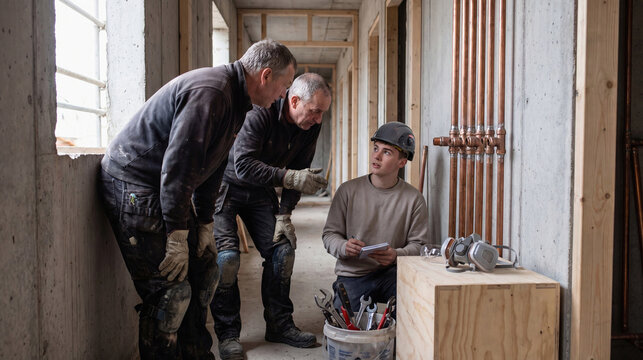 Plumbing Mentorship Session in Partially Built Hallway With Pipe Work