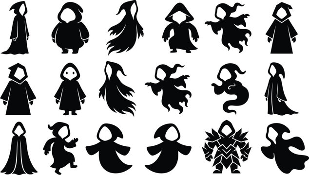 Collection of dark hooded figure silhouettes for Halloween design elements