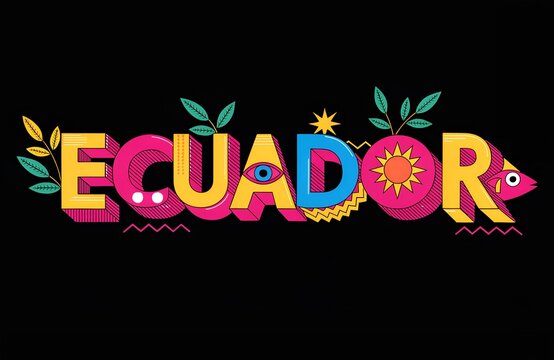 Ilustraci&oacute;n de Texto  de Ecuador hecho de colores vibrantes y dise&ntilde;os abstractos