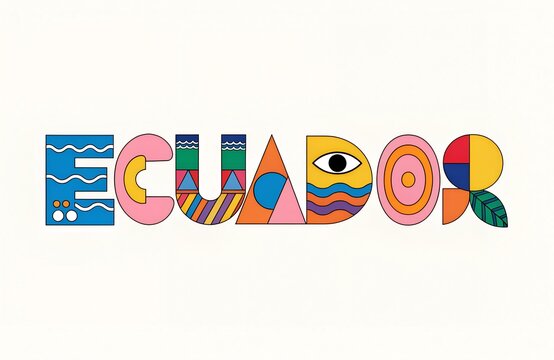 Ilustraci&oacute;n de Texto  de Ecuador hecho de colores vibrantes y dise&ntilde;os abstractos