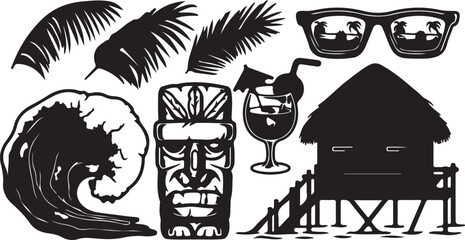 Tropical Summer Beach Elements Set with Tiki and Hut © maryam