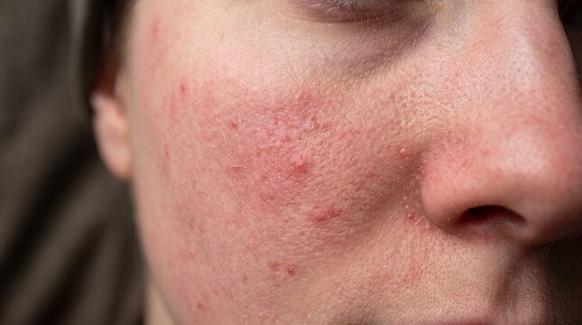 Extreme macro close up shot of a person with visible skin texture showing acne inflammation redness and enlarged pores captured with soft natural bright daylight lighting