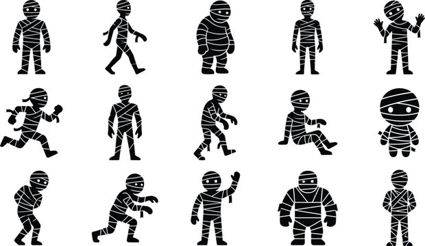 Spooky black mummy silhouettes collection for Halloween designs and spooky themes