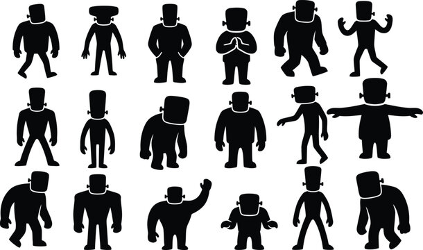 Collection of robot character silhouettes in various poses for Halloween design and animation