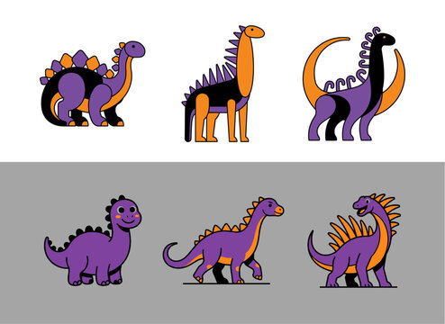 Set of cute cartoon dinosaurs including stegosaurus types in purple and orange flat vector illustration.