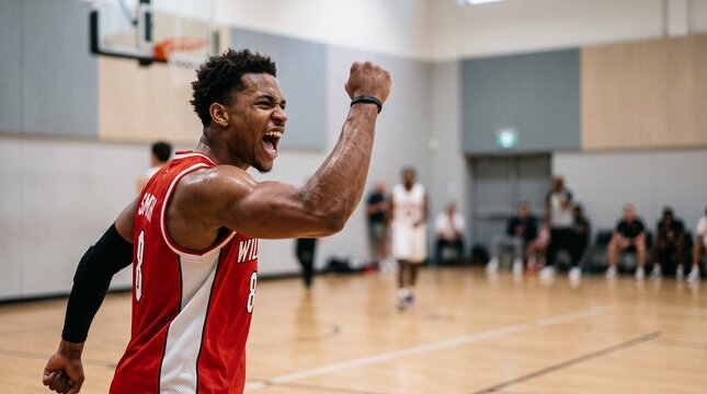 Energetic young basketball player wearing a red jersey celebrates a triumphant victory with a powerful fist pump while shouting on a bright indoor hardwood sports court