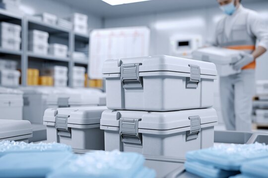 Insulated Cold Chain Delivery Totes Stacked in Operational Backroom with Worker