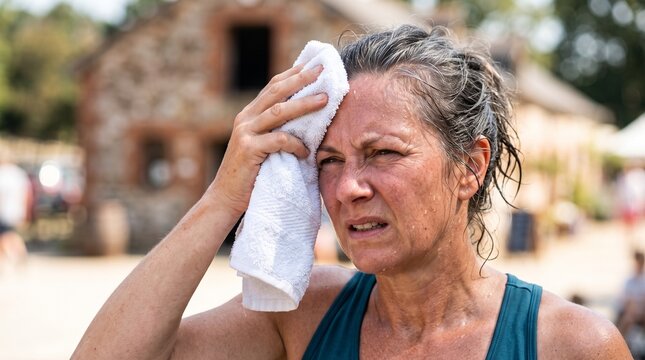 Mature woman wiping sweat from her forehead with a white towel while standing outdoors on a hot sunny day feeling exhausted after a strenuous physical workout