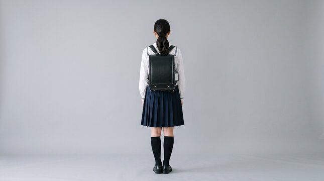 Young female student standing with her back turned while wearing a traditional japanese school uniform and a black leather backpack against a plain gray background