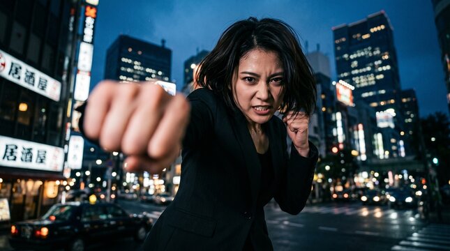 Fierce japanese businesswoman in a dark suit throws a powerful punch towards the camera with intense facial expressions while standing on a busy urban city street