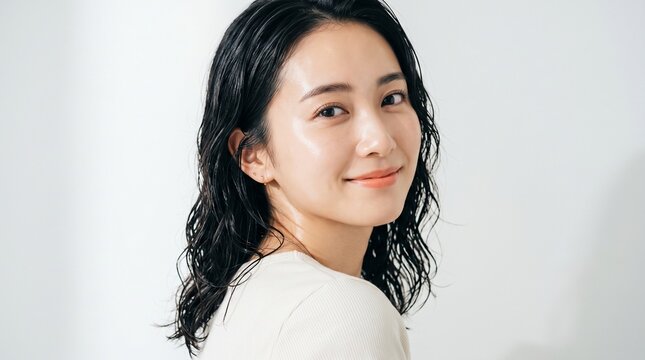 Beautiful young japanese woman with glowing skin and wet dark hair looking at camera while posing against a clean white background in a professional studio shoot