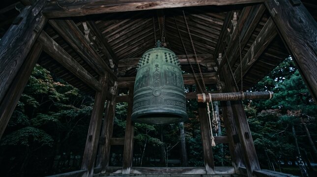 Large weathered bronze temple bell hanging under a traditional wooden structure featuring intricate embossed japanese calligraphy characters and a sturdy horizontal striking beam for ritual ceremonies