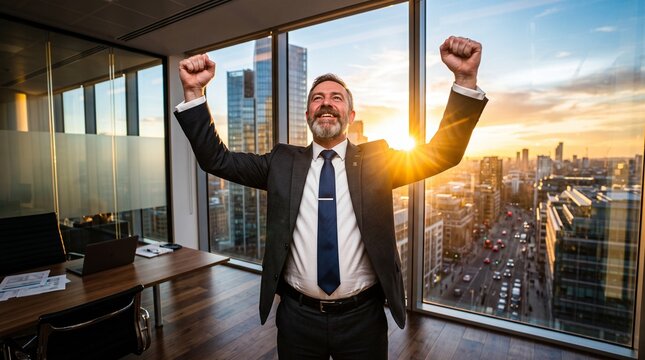 Middle aged bearded businessman in a formal grey suit celebrates a major professional achievement with arms raised high inside a modern office at golden sunset