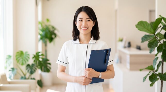 Professional japanese nurse wearing a clean white uniform stands smiling while holding a navy blue clipboard in a bright modern clinic with natural soft lighting